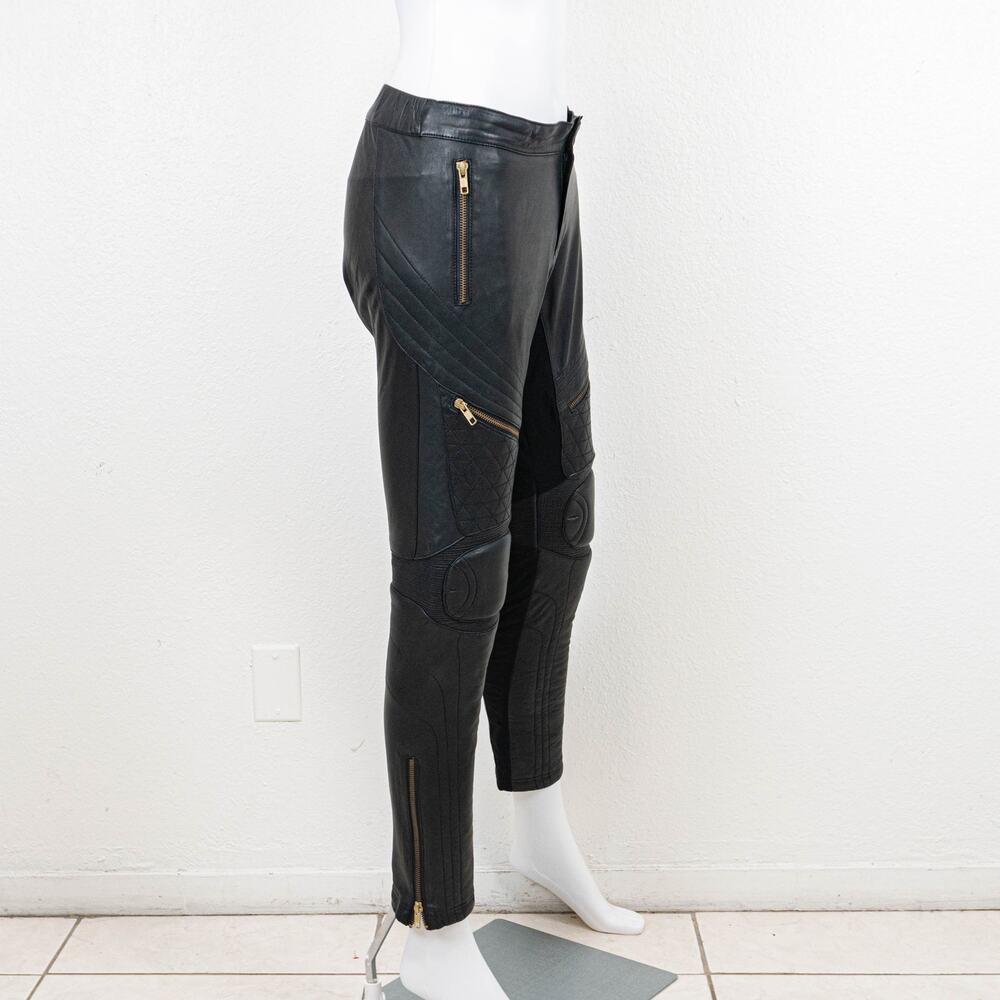 Skingraft Black Leather Moto Pants Quilted Knee Zip Skinny Biker size Small - Picture 13 of 15